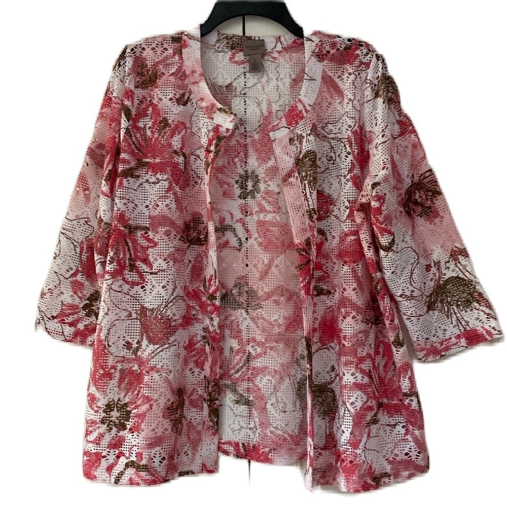 Chico’s Size 2 Mesh Cardigan Floral Print Tunic Colorful Chicos Size Large 3/4